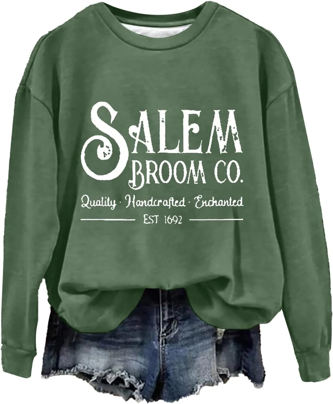 Halloween Sweatshirts for Women 2024 1692 Salem Broom Co Sweatshirt Graphic Crewneck Long Sleeve Hoodies Fall Outfits