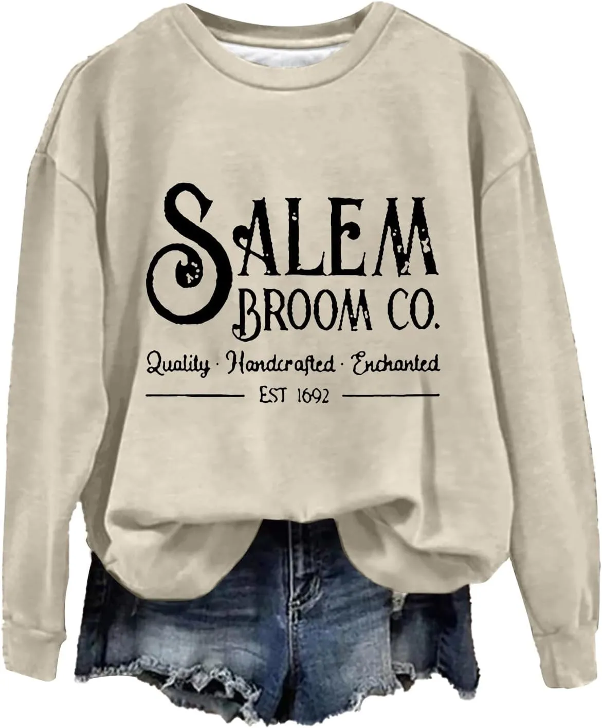 Halloween Sweatshirts for Women 2024 1692 Salem Broom Co Sweatshirt Graphic Crewneck Long Sleeve Hoodies Fall Outfits