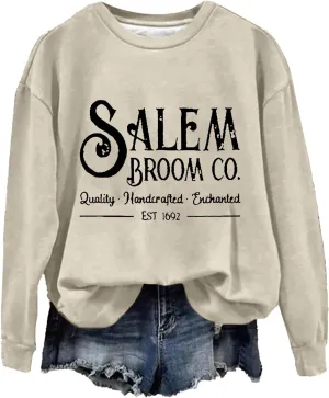Halloween Sweatshirts for Women 2024 1692 Salem Broom Co Sweatshirt Graphic Crewneck Long Sleeve Hoodies Fall Outfits