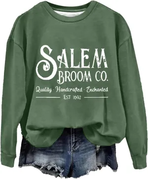 Halloween Sweatshirts for Women 2024 1692 Salem Broom Co Sweatshirt Graphic Crewneck Long Sleeve Hoodies Fall Outfits