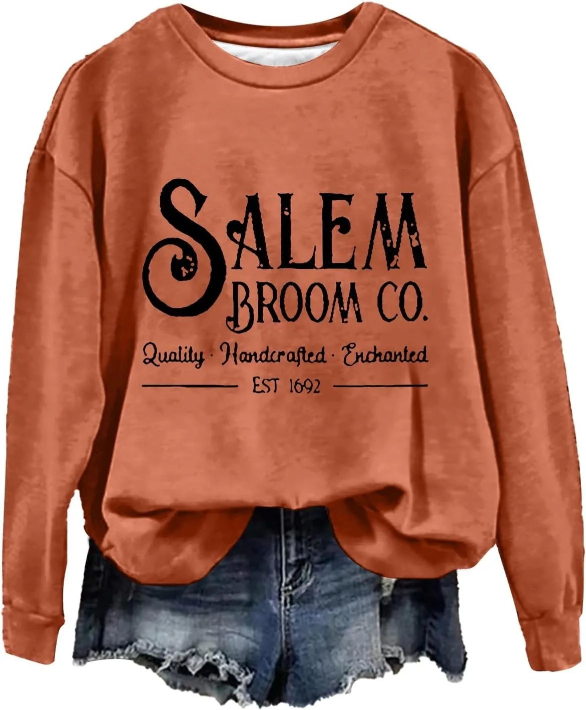 Halloween Sweatshirts for Women 2024 1692 Salem Broom Co Sweatshirt Graphic Crewneck Long Sleeve Hoodies Fall Outfits