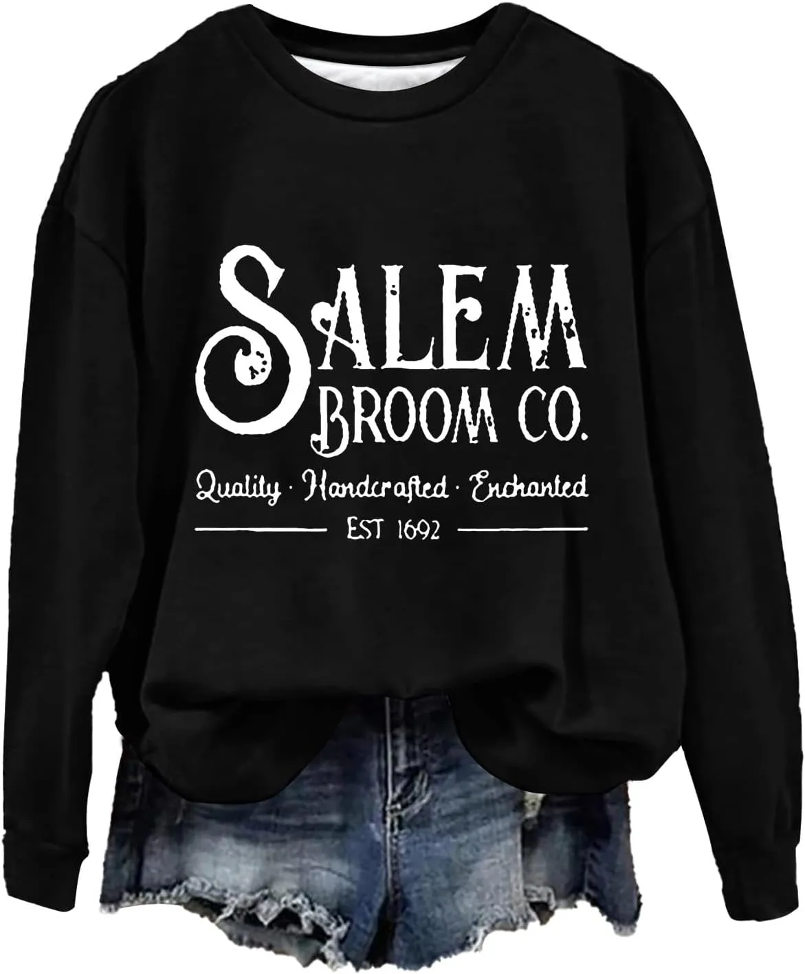 Halloween Sweatshirts for Women 2024 1692 Salem Broom Co Sweatshirt Graphic Crewneck Long Sleeve Hoodies Fall Outfits