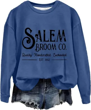 Halloween Sweatshirts for Women 2024 1692 Salem Broom Co Sweatshirt Graphic Crewneck Long Sleeve Hoodies Fall Outfits