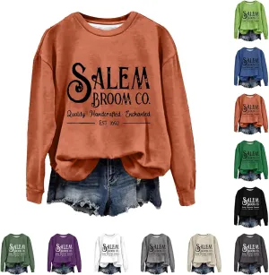 Halloween Sweatshirts for Women 2024 1692 Salem Broom Co Sweatshirt Graphic Crewneck Long Sleeve Hoodies Fall Outfits