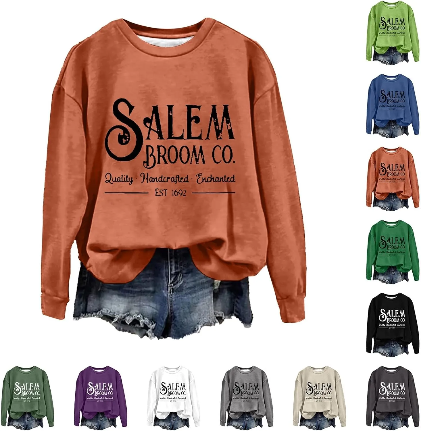 Halloween Sweatshirts for Women 2024 1692 Salem Broom Co Sweatshirt Graphic Crewneck Long Sleeve Hoodies Fall Outfits