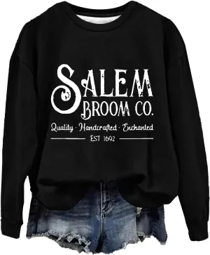 Halloween Sweatshirts for Women 2024 1692 Salem Broom Co Sweatshirt Graphic Crewneck Long Sleeve Hoodies Fall Outfits