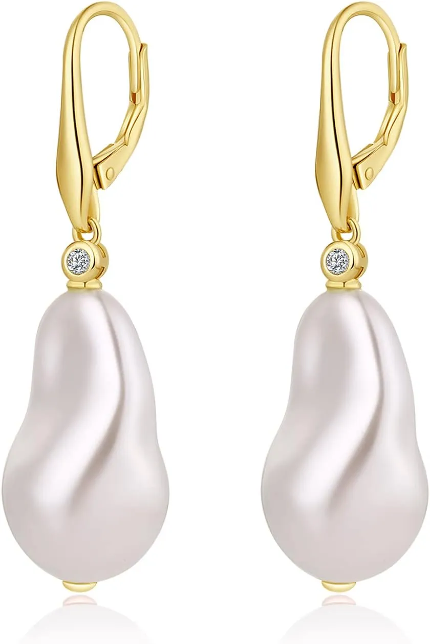 Han han 925 Sterling Silver Baroque Pearl Leverback Earrings for Women, Cubic Zirconia Pearl Earrings Jewelry Gift for Ladies