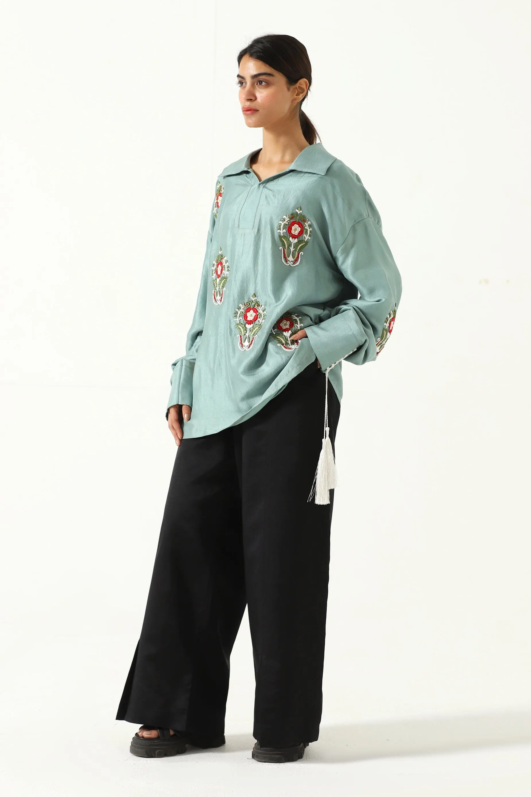 HAND EMBROIDERED TASSELS SILK SHIRT