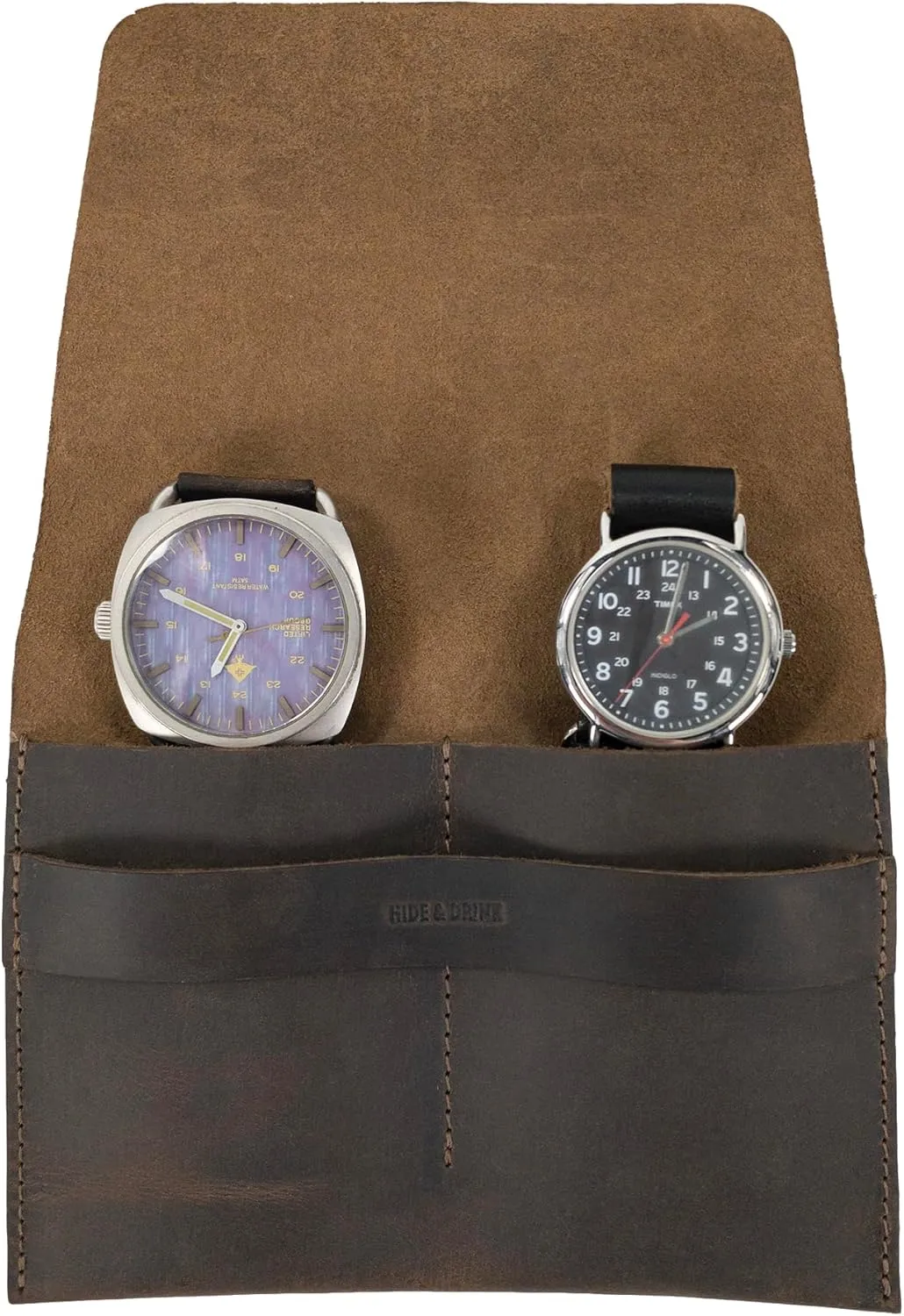 Hide & Drink, Vintage Watch Case with 2 Slots, Rustic Bag for Men - Handmade from Full Grain Leather - Bourbon Brown