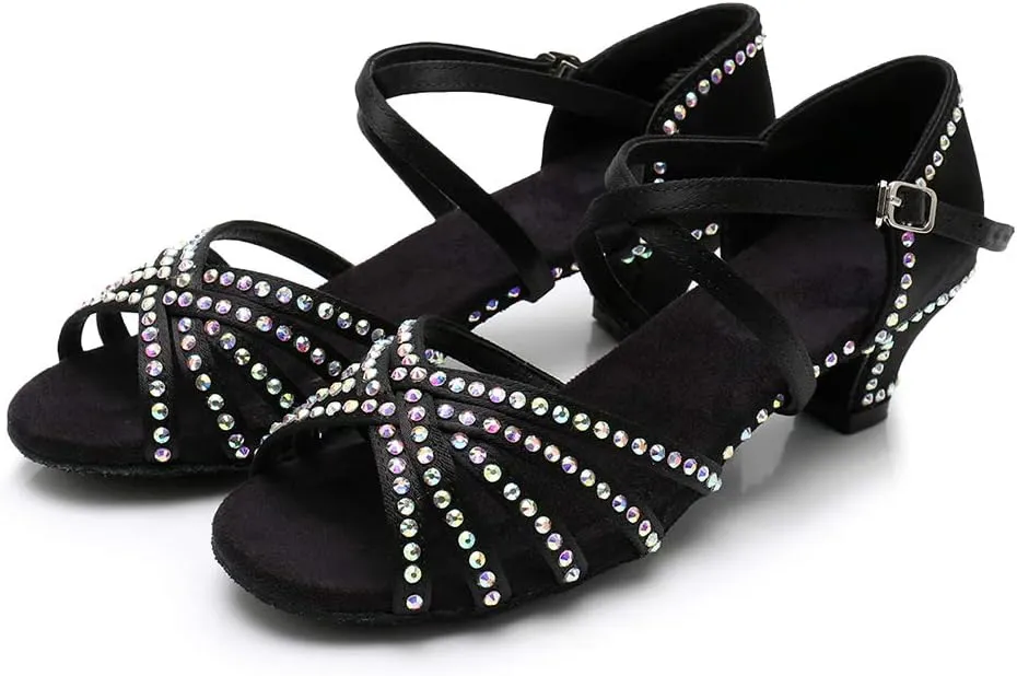 HIPPOSEUS Girls' Brown Satin Latin Dance Shoes with Rhinestones Low Heel