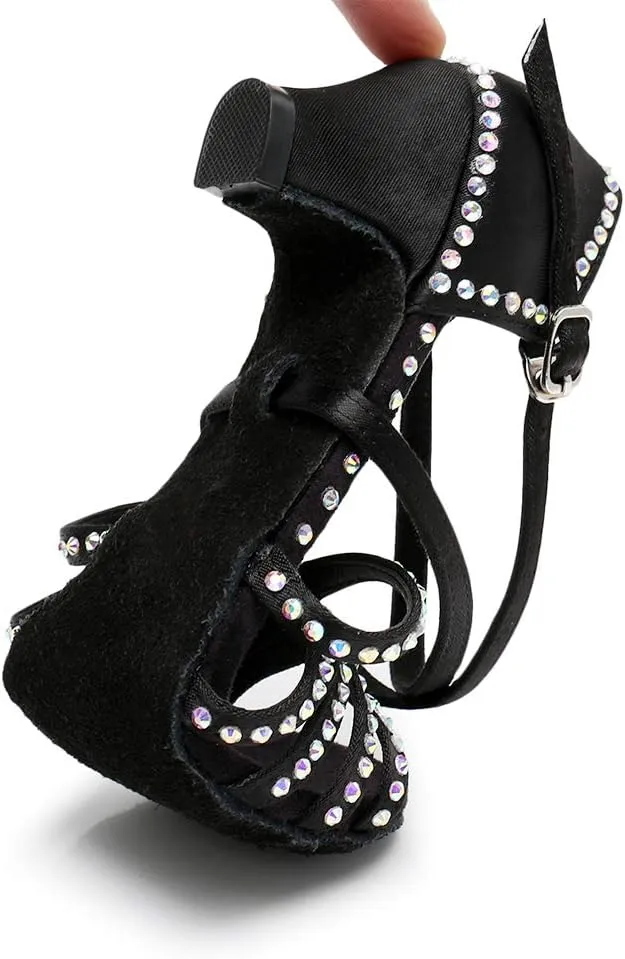 HIPPOSEUS Girls' Brown Satin Latin Dance Shoes with Rhinestones Low Heel