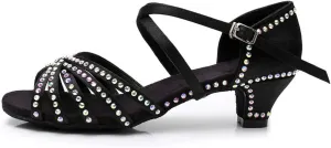 HIPPOSEUS Girls' Brown Satin Latin Dance Shoes with Rhinestones Low Heel