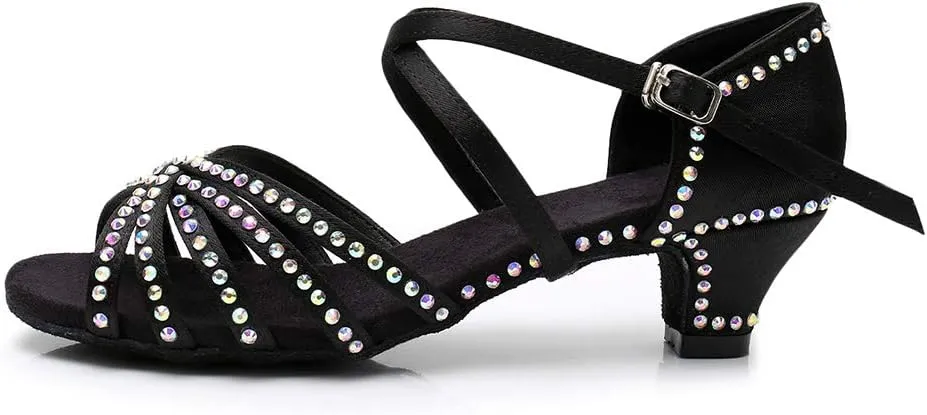 HIPPOSEUS Girls' Brown Satin Latin Dance Shoes with Rhinestones Low Heel