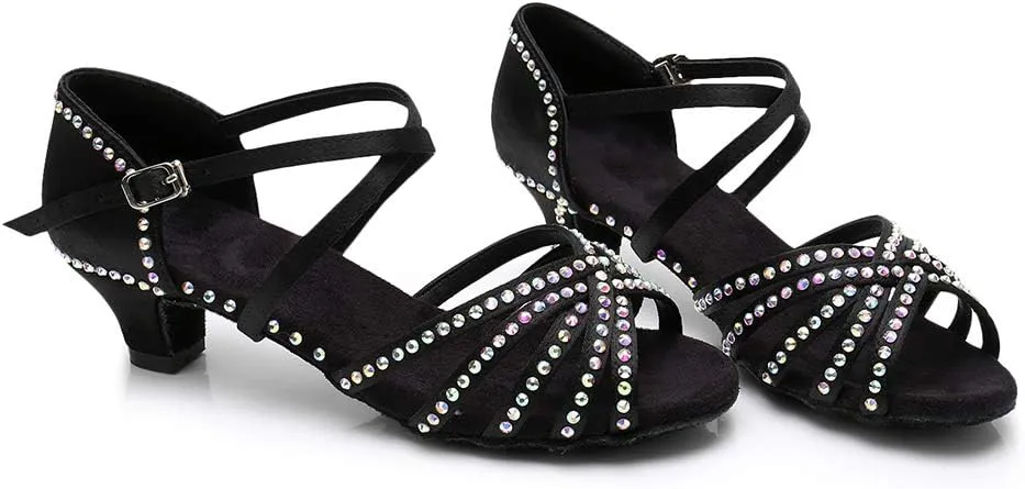 HIPPOSEUS Girls' Brown Satin Latin Dance Shoes with Rhinestones Low Heel