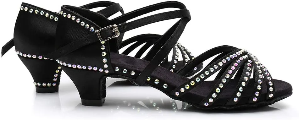 HIPPOSEUS Girls' Brown Satin Latin Dance Shoes with Rhinestones Low Heel
