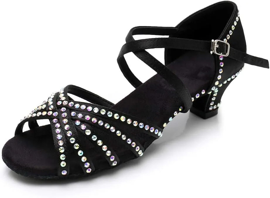 HIPPOSEUS Girls' Brown Satin Latin Dance Shoes with Rhinestones Low Heel