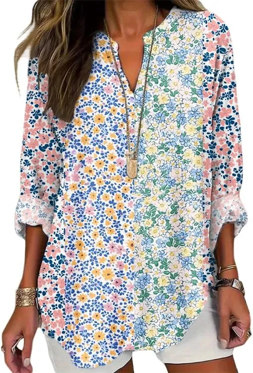 HOTYD Boho Tunic Tops for Women Long Sleeve V Neck Vintage Floral Print Blouses Dressy Casual Loose Fit Ladies Summer Tops