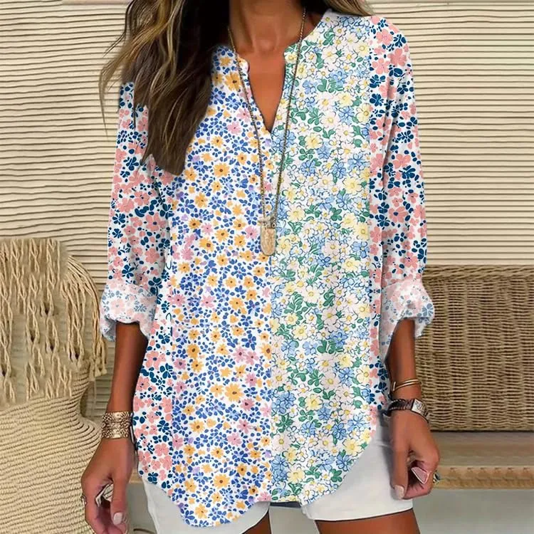 HOTYD Boho Tunic Tops for Women Long Sleeve V Neck Vintage Floral Print Blouses Dressy Casual Loose Fit Ladies Summer Tops