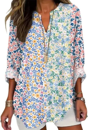 HOTYD Boho Tunic Tops for Women Long Sleeve V Neck Vintage Floral Print Blouses Dressy Casual Loose Fit Ladies Summer Tops