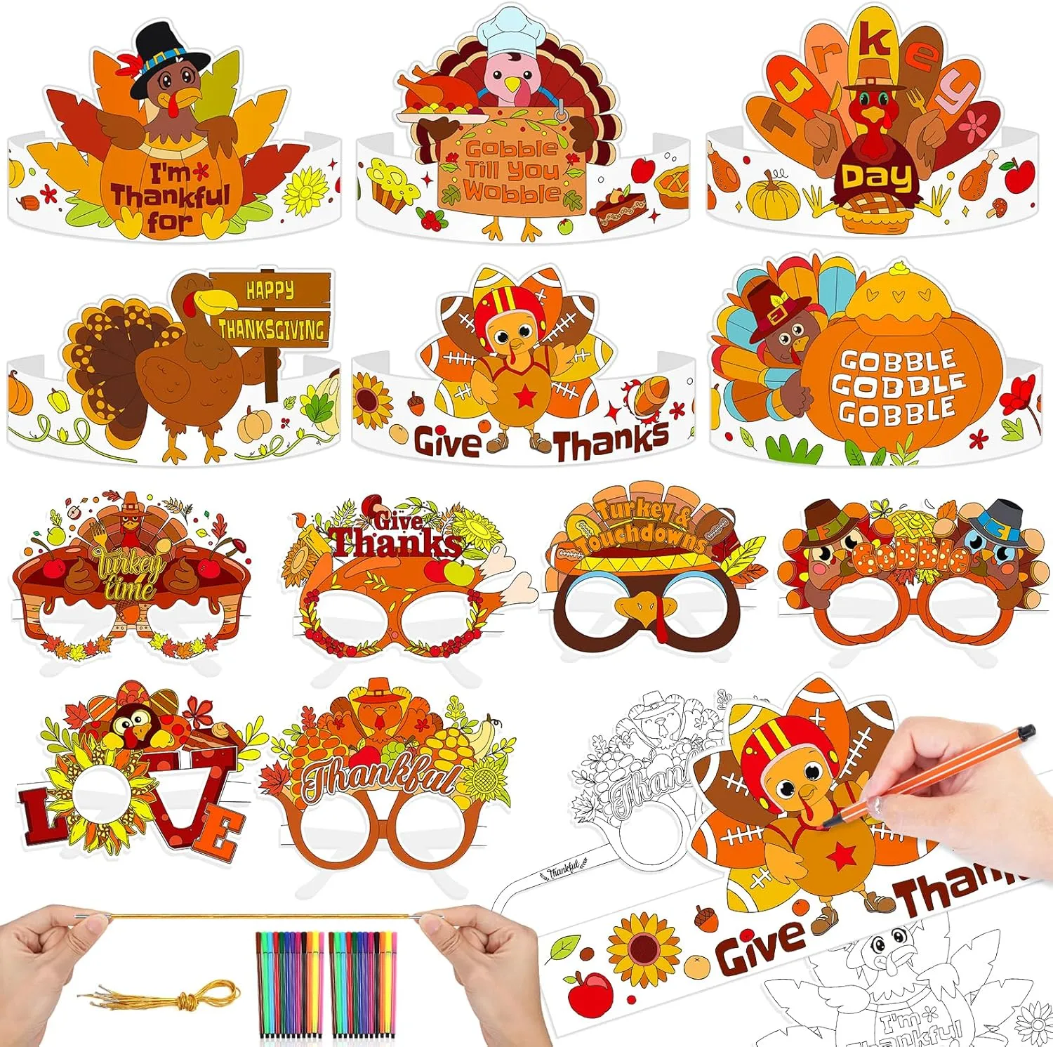 HOWAF 24pcs Thanksgiving Coloring Turkey Crowns Hats Eyeglasses Set, Coloring Headbands Color Your Own Turkey Crowns Glasses Frame for Kids School Activities