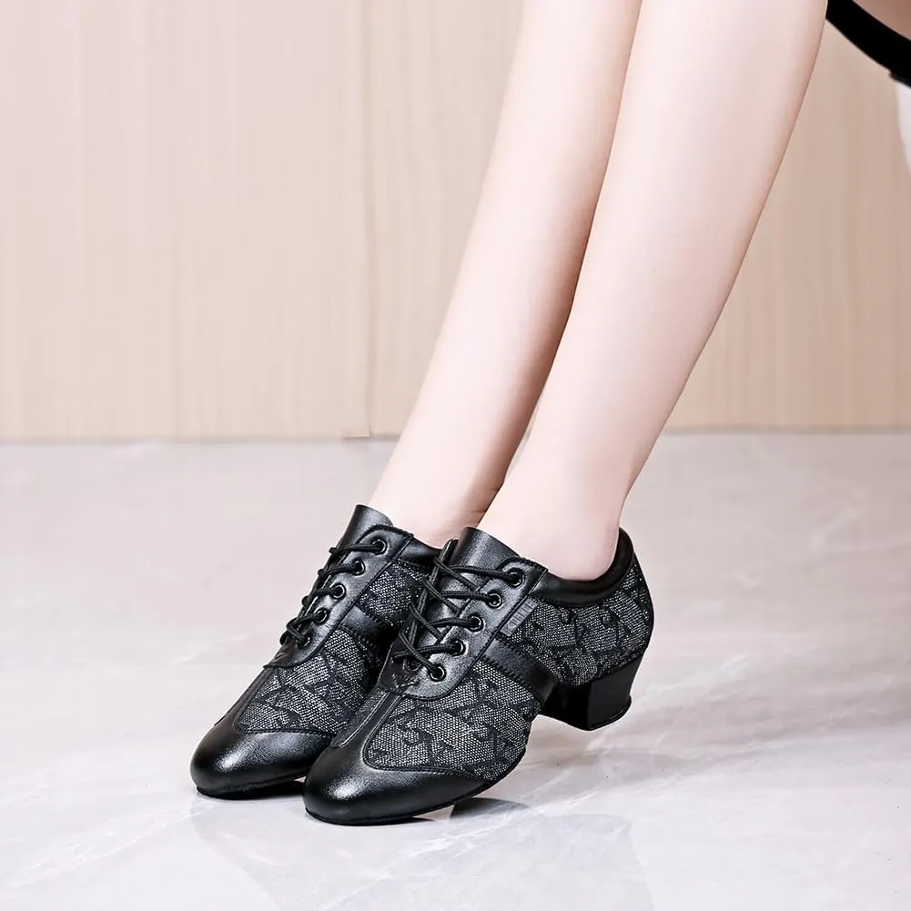 HROYL Women & Girls Lace-up Closed Toe Latin Salsa Practice Ballroom Dance Teacher Shoes