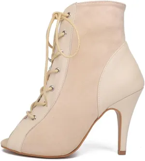 HROYL Women Open Toe Ankle Dance Boots Lace up Latin Salsa Ballrooom Performence Practice Dancing Shoes,Model L500