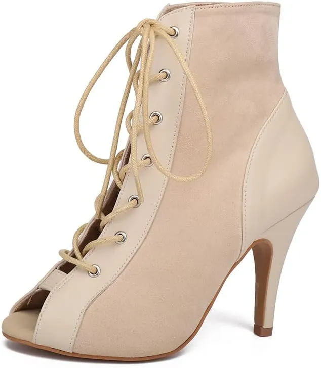 HROYL Women Open Toe Ankle Dance Boots Lace up Latin Salsa Ballrooom Performence Practice Dancing Shoes,Model L500