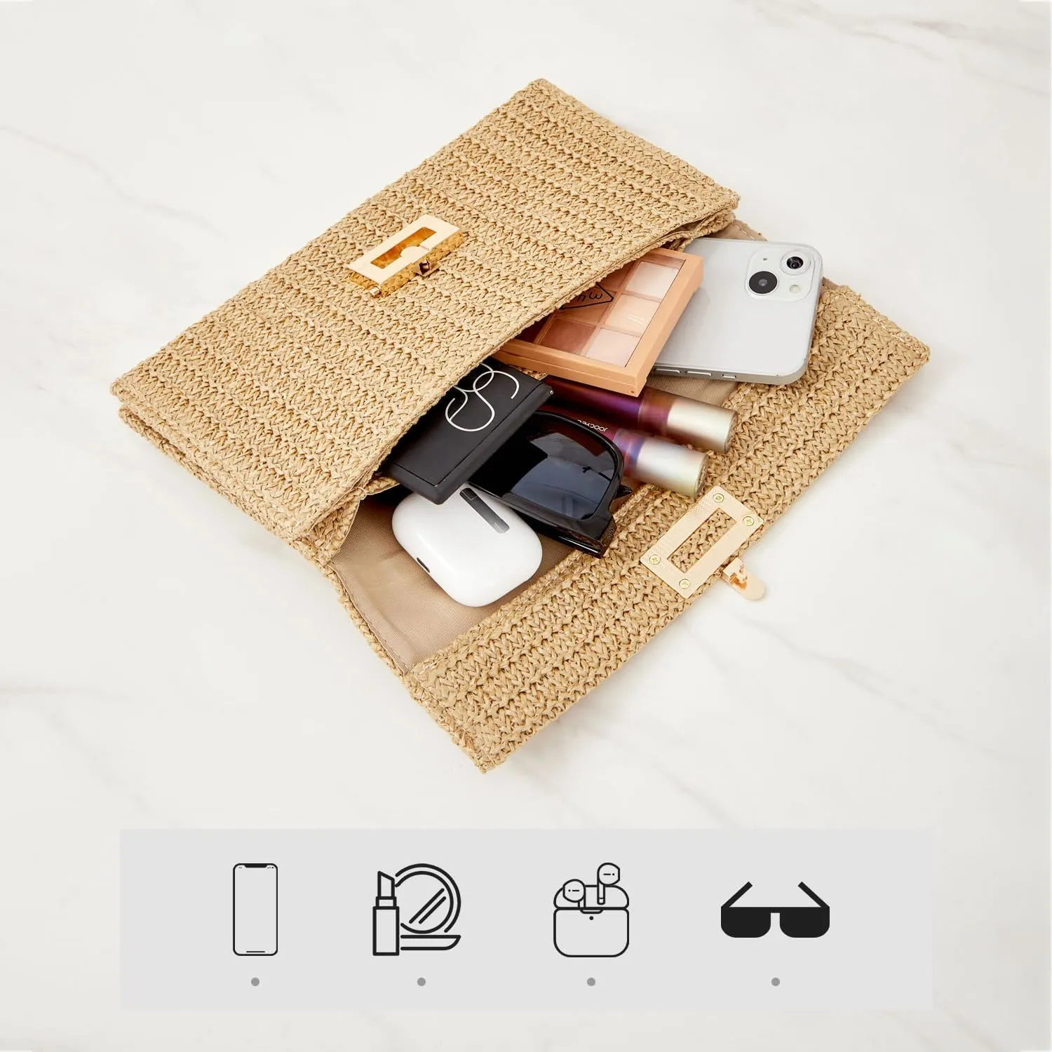 Huralona Women Straw Woven Clutch Purse Pleated Handbag for Summer Beach Vacation Straw Shoulder Crossbody Bag