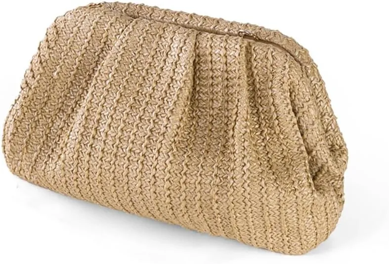 Huralona Women Straw Woven Clutch Purse Pleated Handbag for Summer Beach Vacation Straw Shoulder Crossbody Bag