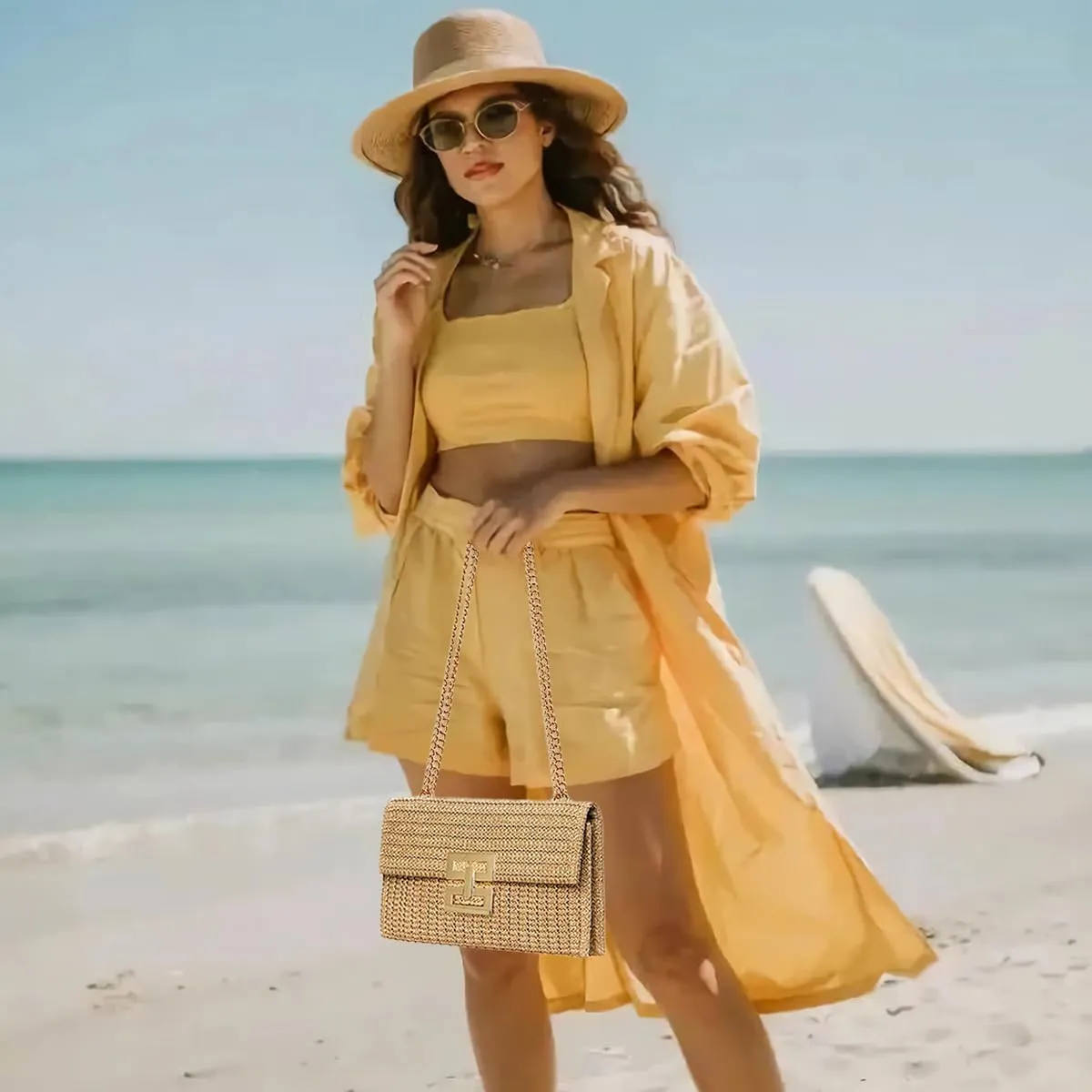 Huralona Women Straw Woven Clutch Purse Pleated Handbag for Summer Beach Vacation Straw Shoulder Crossbody Bag