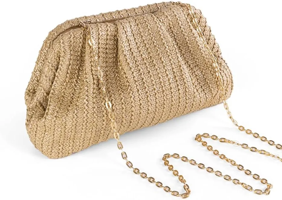 Huralona Women Straw Woven Clutch Purse Pleated Handbag for Summer Beach Vacation Straw Shoulder Crossbody Bag