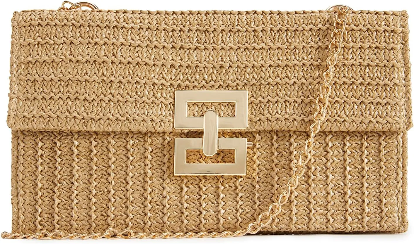 Huralona Women Straw Woven Clutch Purse Pleated Handbag for Summer Beach Vacation Straw Shoulder Crossbody Bag