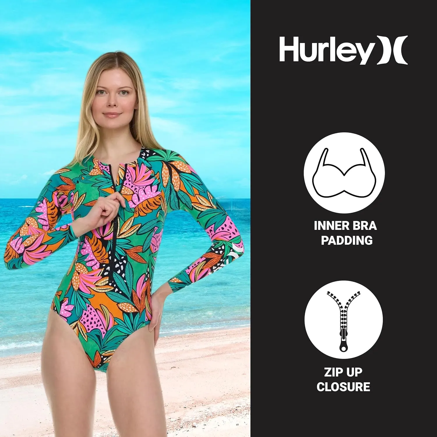 Hurley Long Sleeve Womens One Piece Swimsuits, Swimsuit for Women, Bathing Suit for Women, Swim Suit UPF 50  SPF UV Protected