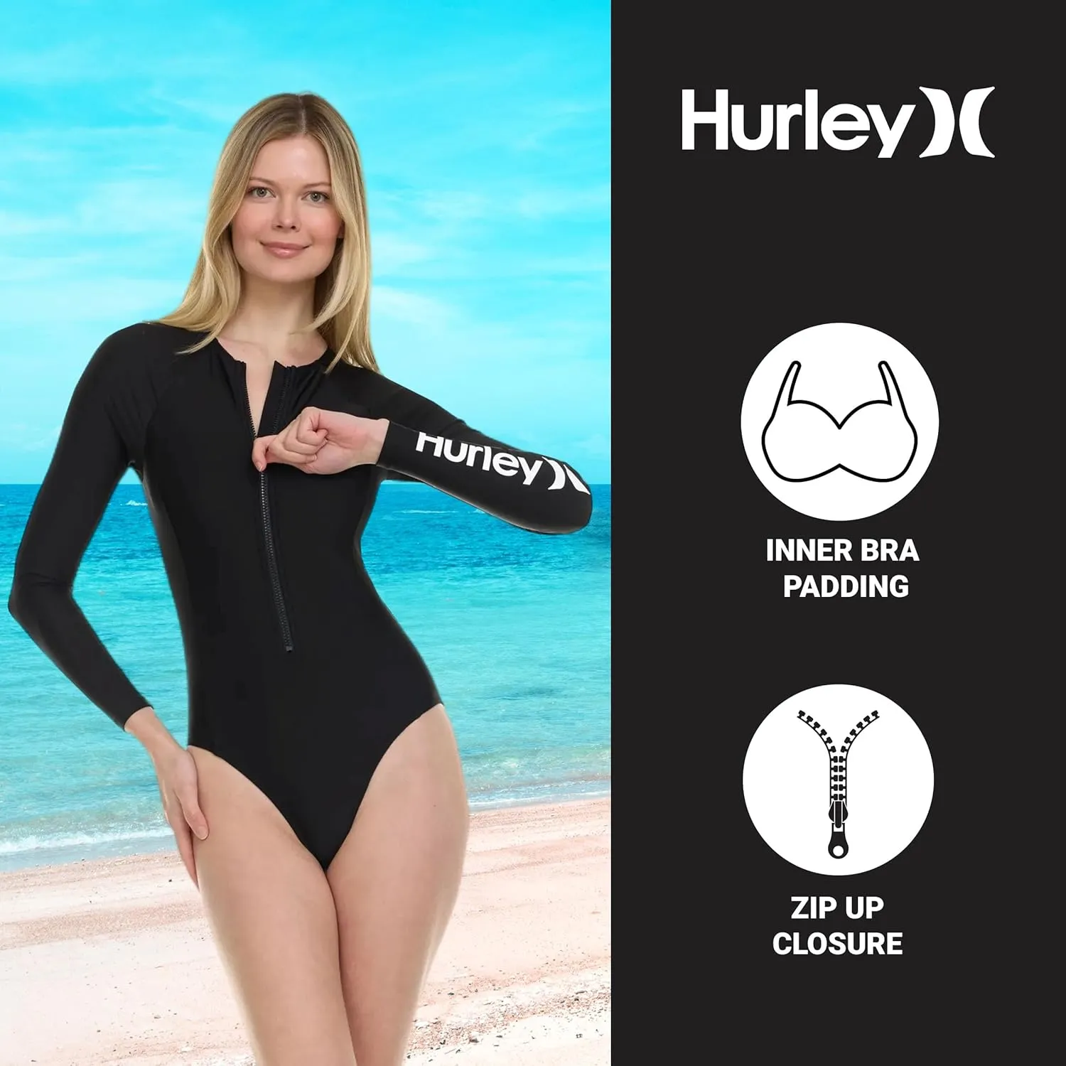 Hurley Long Sleeve Womens One Piece Swimsuits, Swimsuit for Women, Bathing Suit for Women, Swim Suit UPF 50  SPF UV Protected