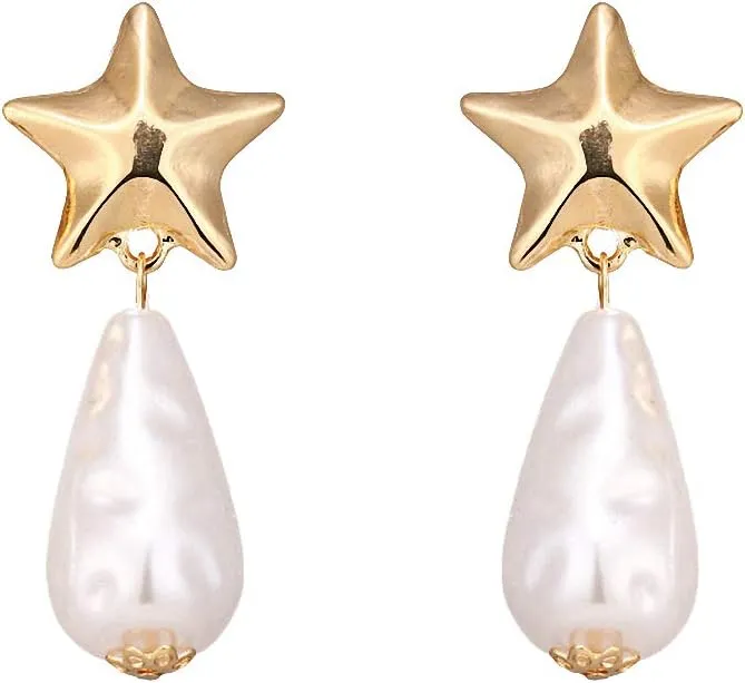 Imitation Pearls Dangle Clip Earrings Star Geometric Minimalist Statement Earrings