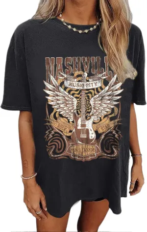 Jinluth Nashville Tshirt for Women Country Music Shirts Western Oversized Graphic Vintage Tees Rock Band T Shirts Concert Top