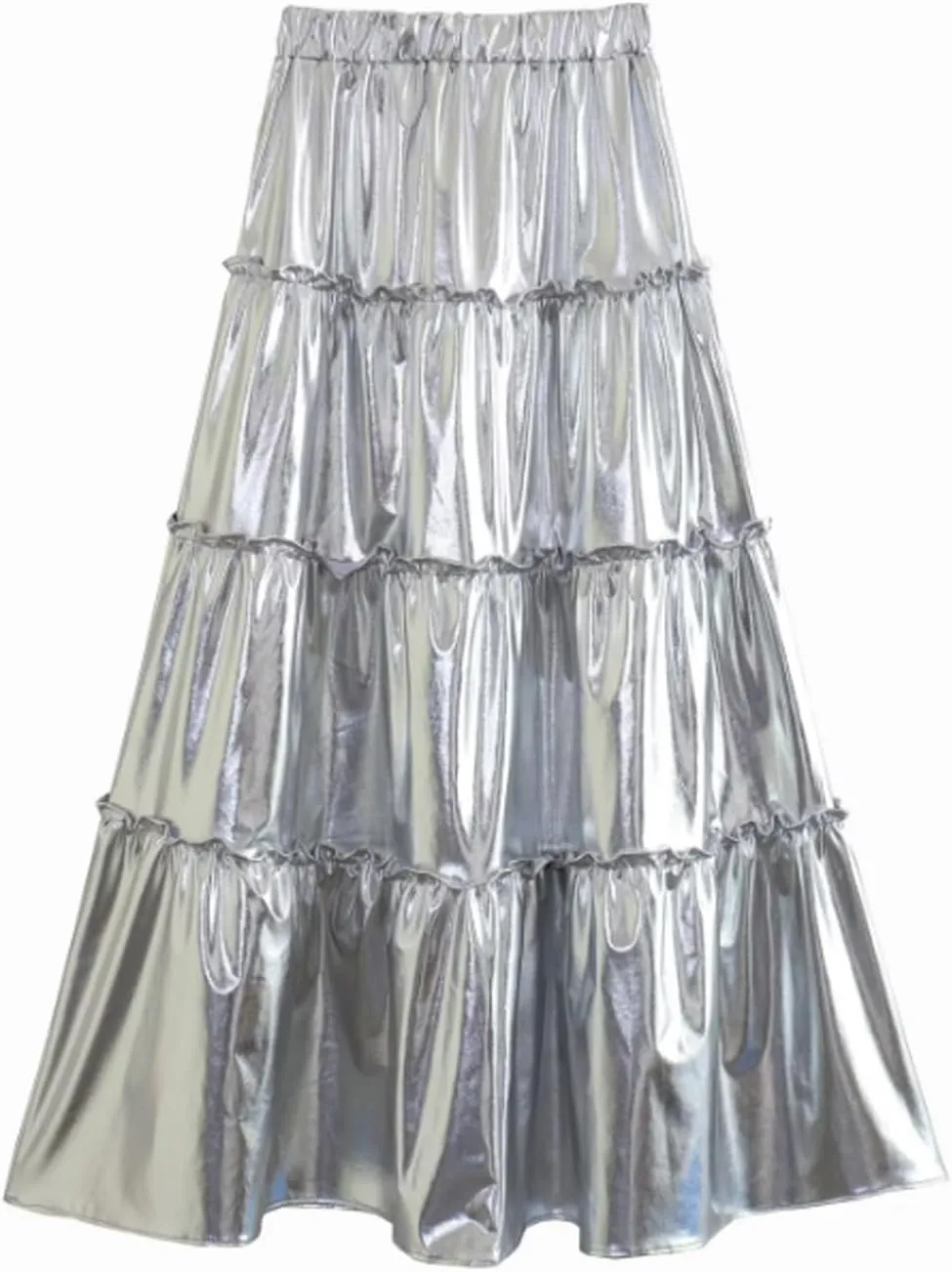 JITEM Women Metallic Midi Skirt Sparkly Elastic High Waist Ruffle Flare Long Skirt Party Club Swing Flowy Pleated Skirt, Large, Silver