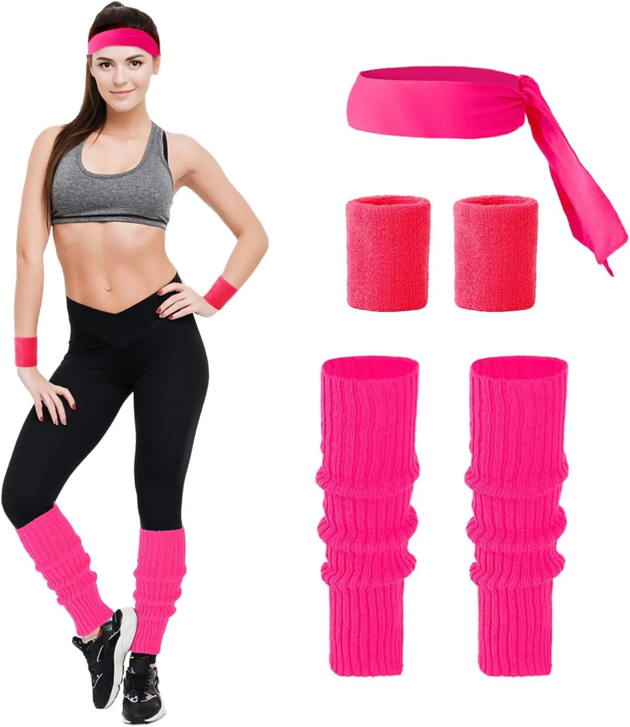 Junely 80s Accessories for Women Neon Leg Warmers Headband and Wristbands Set Knit Legwarmers for Ballet Dance Figure Skating