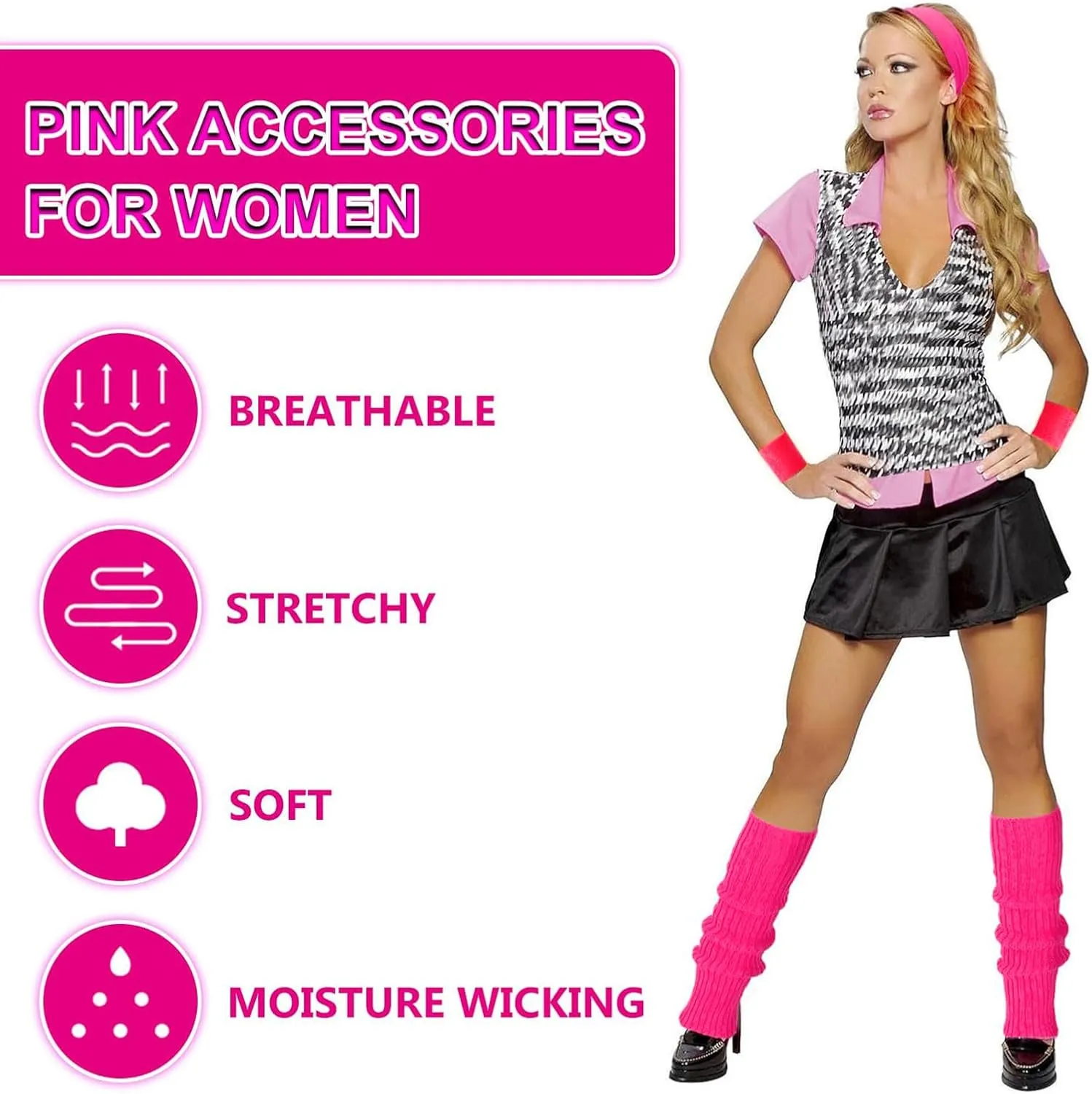 Junely 80s Accessories for Women Neon Leg Warmers Headband and Wristbands Set Knit Legwarmers for Ballet Dance Figure Skating