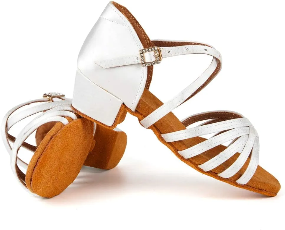 JUODVMP Girls Latin Dance Shoes Satin Ballroom Tango Salsa Practice Party Ballroom Dance Shoes,Model US-SS-ZS