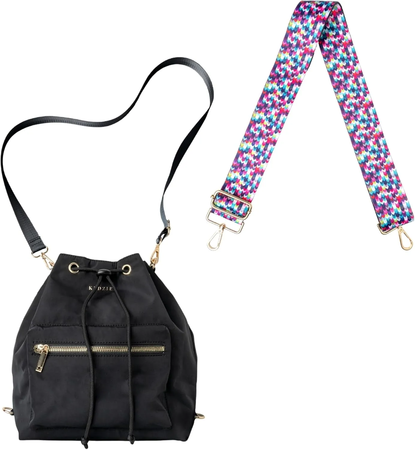 KEDZIE Aries Convertible Bucket Bag 3-Way Backpack (Black V2) & Interchangeable 2-Inch Bag Strap (Friends Forever V2)
