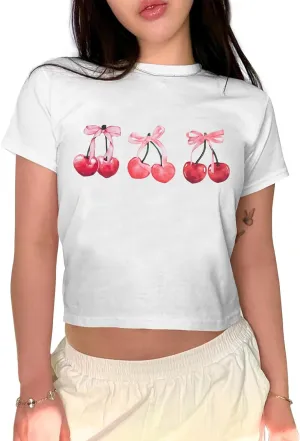 KEEVICI Girls' Cute Strawberry Cow Print T Shirts Short Sleeve Crop Cotton Tops
