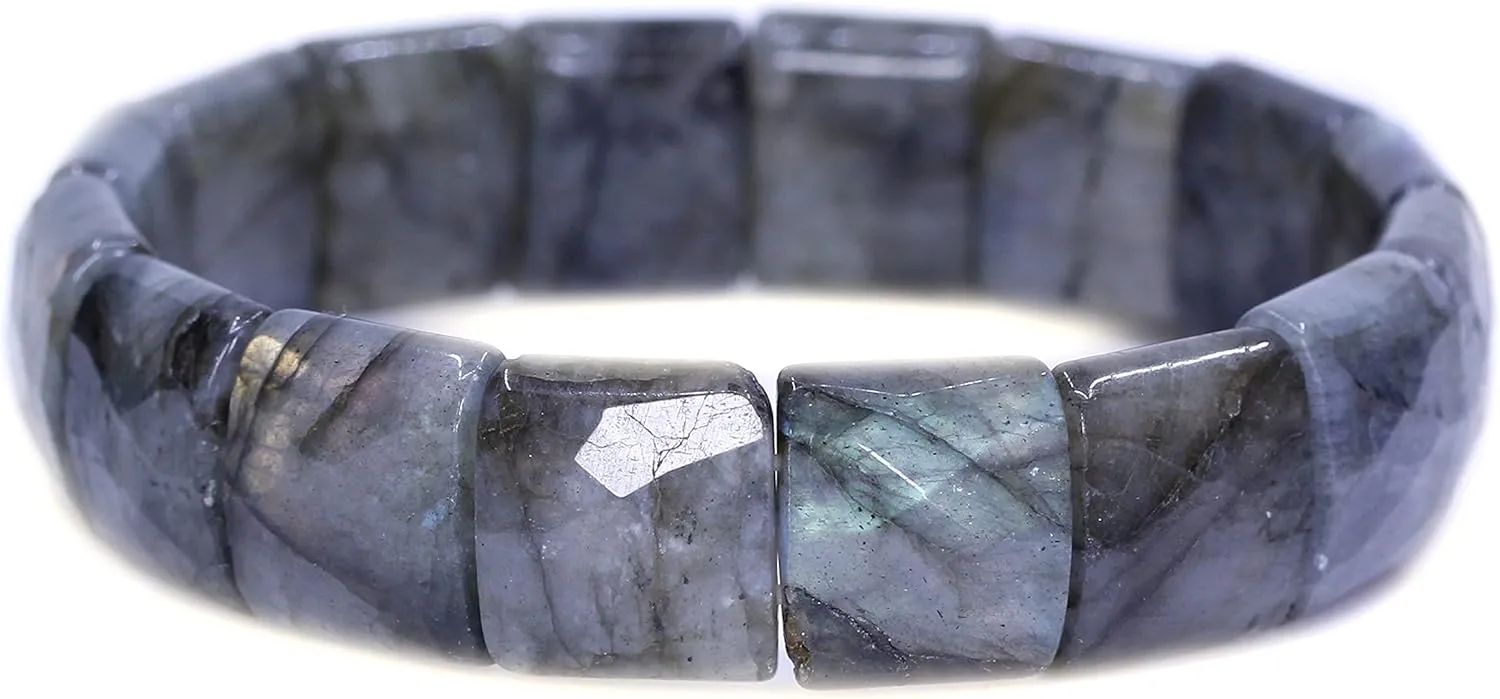 Keleny Gemstones Semi Precious 15mm Square Grain Faceted Beaded Stretch Bangle 7.5 Inch Unisex