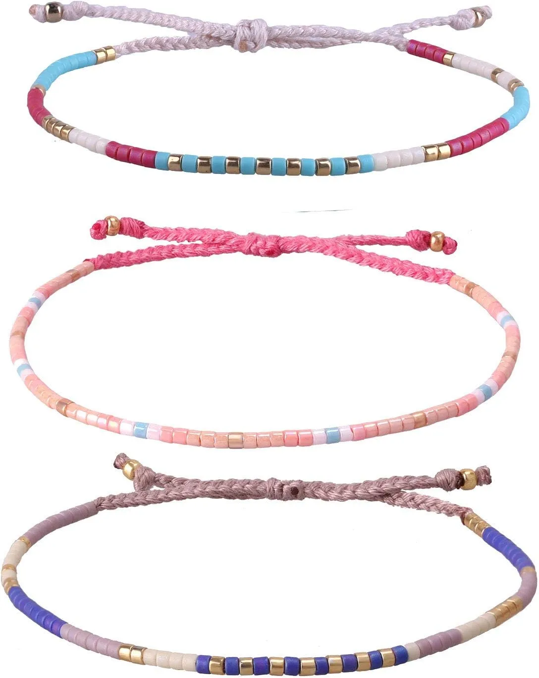 KELITCH 3 Pcs Colorful Beaded Bracelets Friendship Thin Strand Bracelets Handmade Links Bracelet For Women