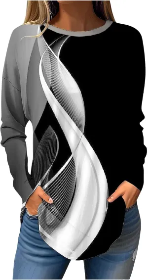 Ladies Tops And Blouses Long Sleeve Casual Shirts Crew Neck Blouses Fall Tie Dye Sweatshirts, Small-5X-Large