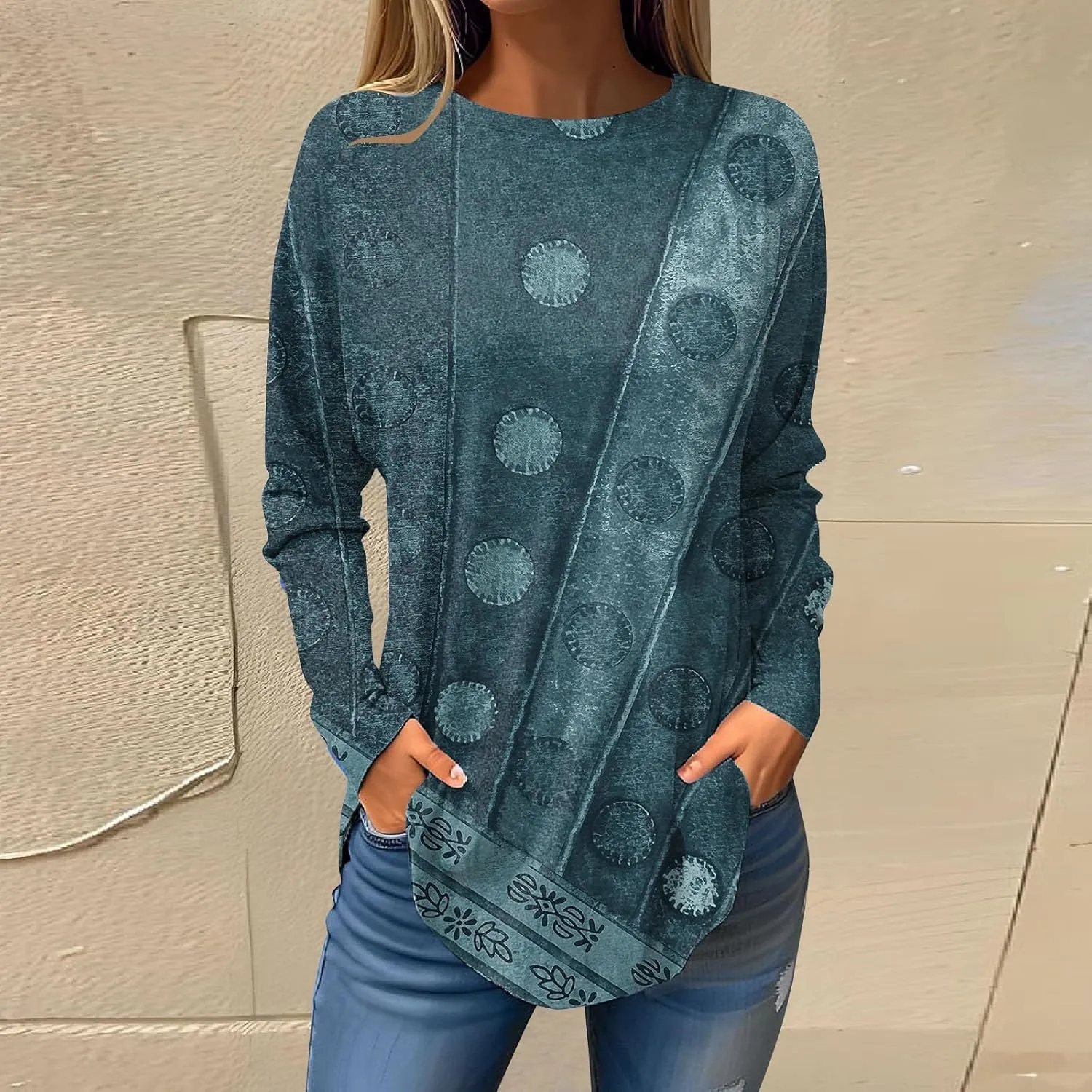 Ladies Tops And Blouses Long Sleeve Casual Shirts Crew Neck Blouses Fall Tie Dye Sweatshirts, Small-5X-Large
