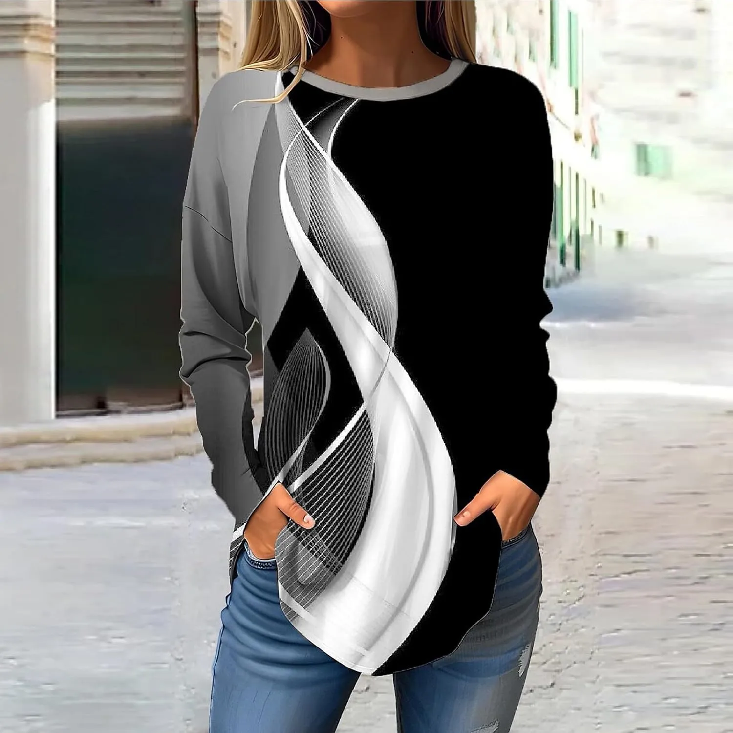 Ladies Tops And Blouses Long Sleeve Casual Shirts Crew Neck Blouses Fall Tie Dye Sweatshirts, Small-5X-Large