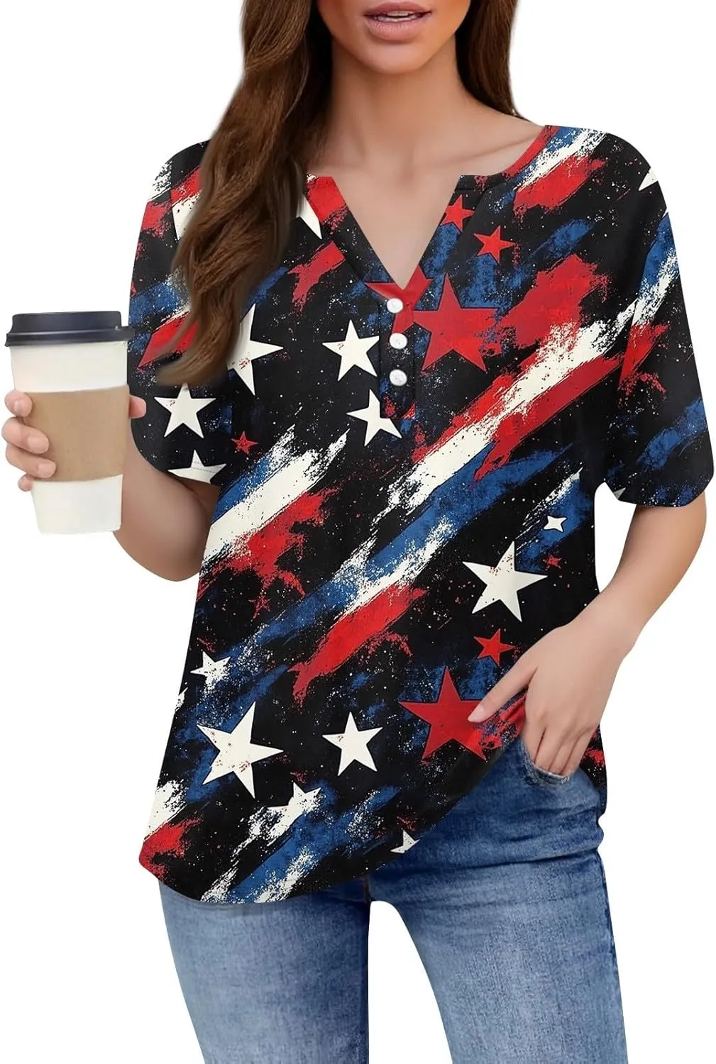 Ladies Tops And Blouses Short Sleeve Henley Summer Button Up Shirts V Neck Shirts Funny Tees Vacation Outfits