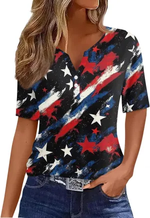 Ladies Tops And Blouses Short Sleeve Henley Summer Button Up Shirts V Neck Shirts Funny Tees Vacation Outfits