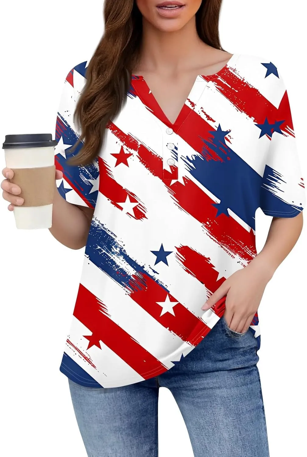 Ladies Tops And Blouses Short Sleeve Henley Summer Button Up Shirts V Neck Shirts Funny Tees Vacation Outfits